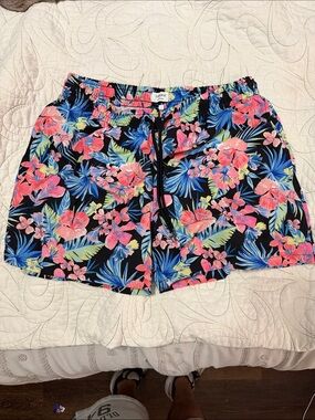 crown & ivy Black Floral Swim Trunks with Pink and Blue